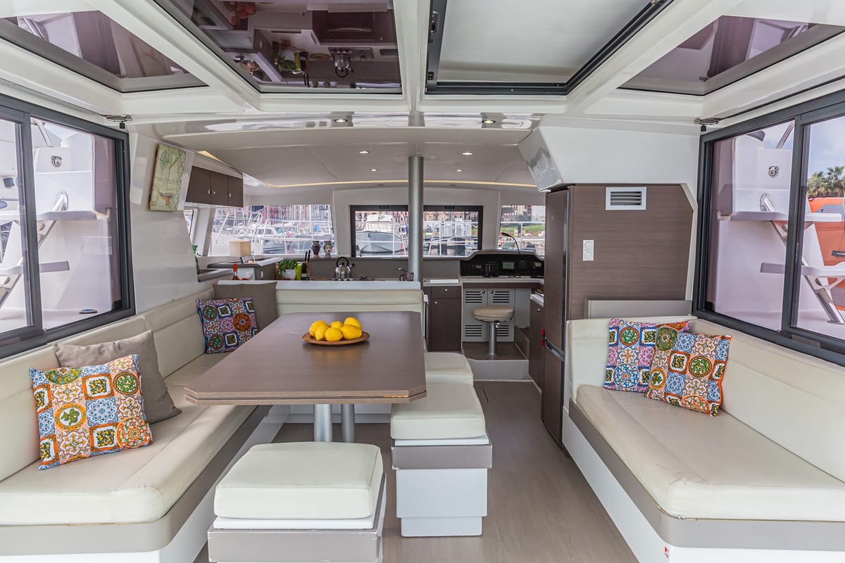 Salon of Talitha, a Bali 4.1 catamaran at Palermo, Italy