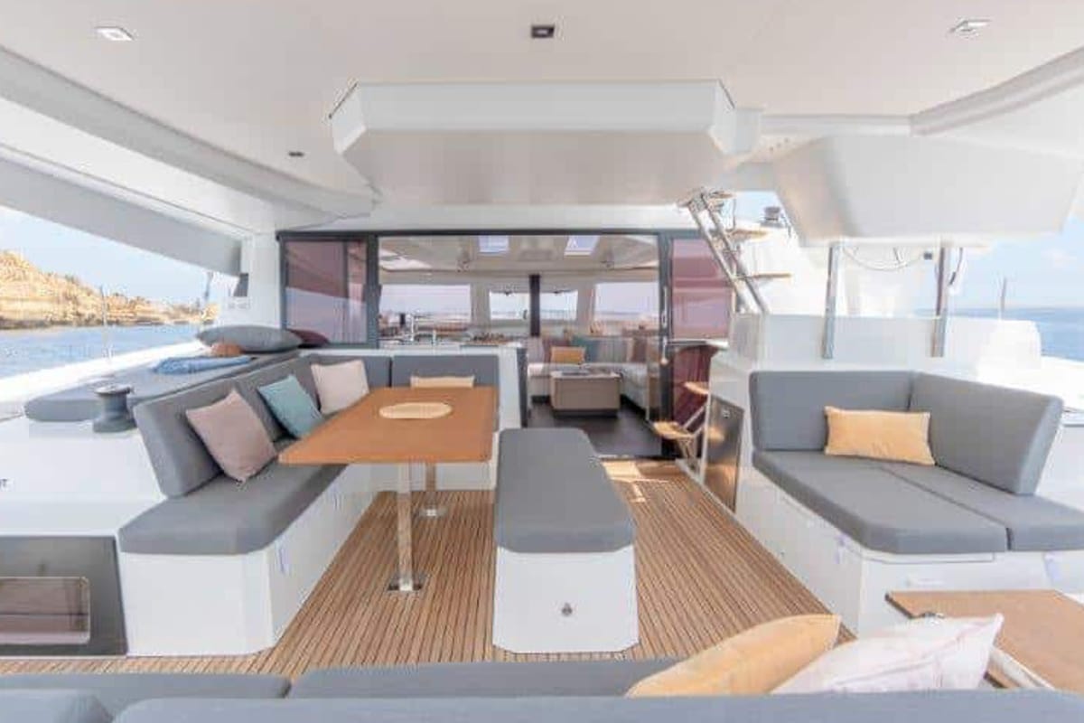 Deck of Clipper IV, a Fountaine Pajot Elba 45 catamaran at es Jonquet, Spain