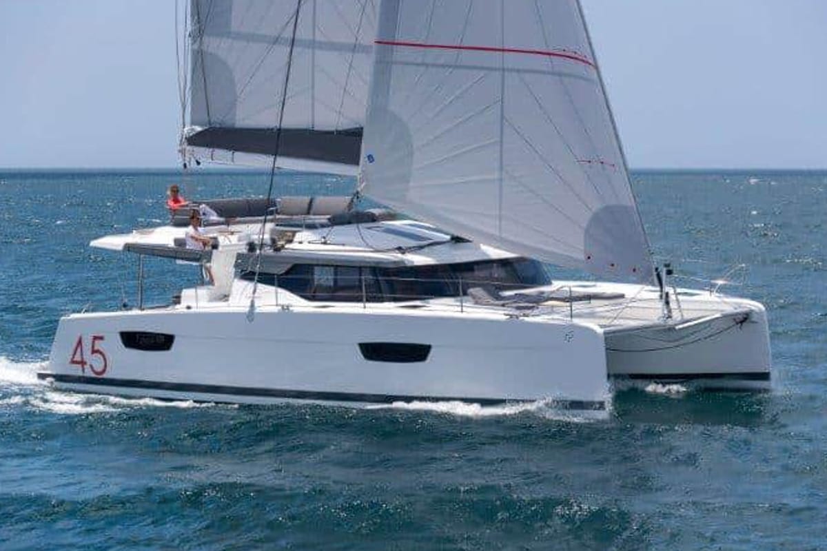 Exterior view of Clipper IV, a Fountaine Pajot Elba 45 catamaran at es Jonquet, Spain