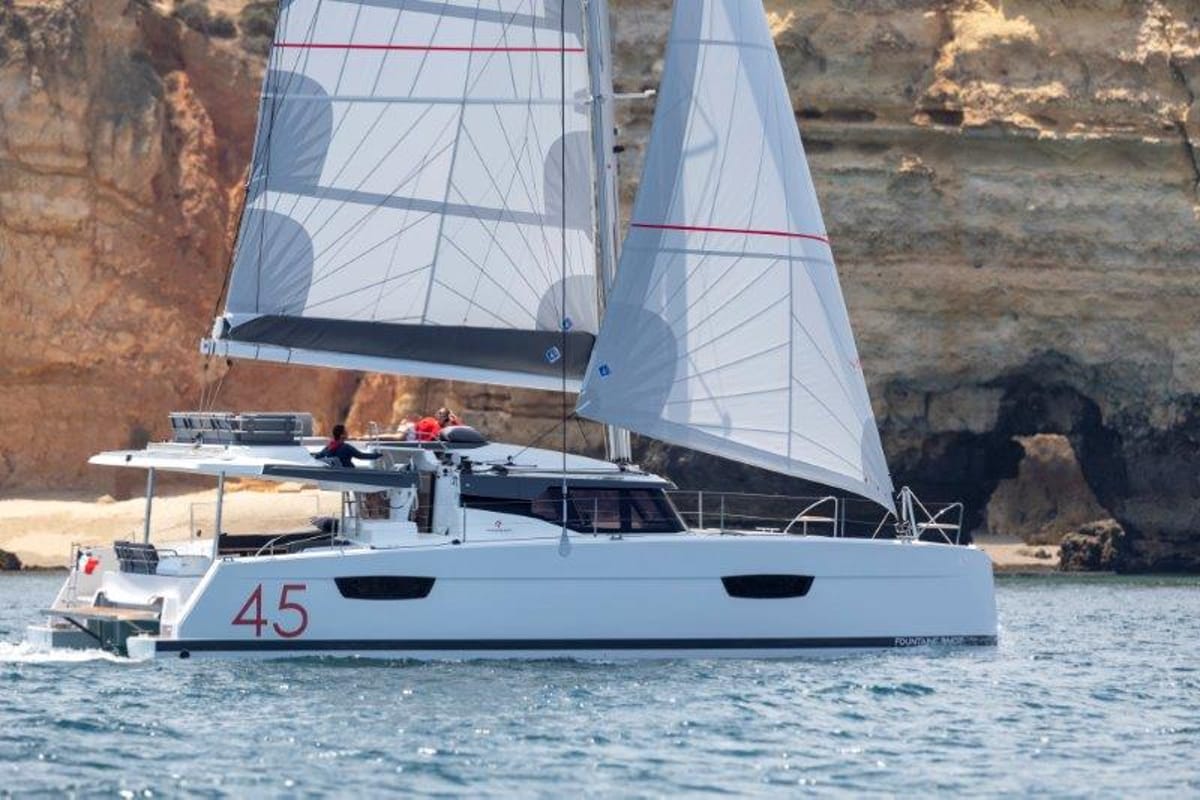 Exterior view of Clipper IV, a Fountaine Pajot Elba 45 catamaran at es Jonquet, Spain