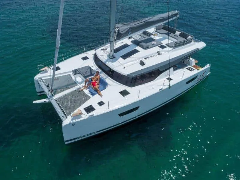 Exterior view of Clipper IV, a Fountaine Pajot Elba 45 catamaran at es Jonquet, Spain