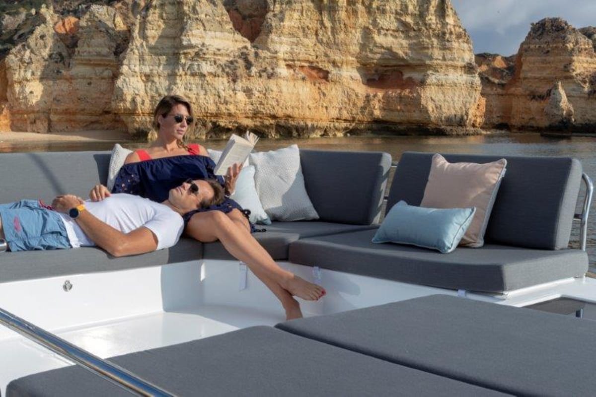 Deck of Clipper IV, a Fountaine Pajot Elba 45 catamaran at es Jonquet, Spain