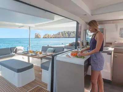 Deck of Clipper IV, a Fountaine Pajot Elba 45 catamaran at es Jonquet, Spain