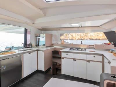 Galley of Clipper IV, a Fountaine Pajot Elba 45 catamaran at es Jonquet, Spain