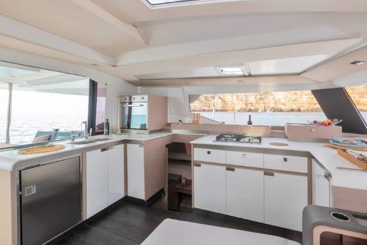 Galley of Clipper IV, a Fountaine Pajot Elba 45 catamaran at es Jonquet, Spain