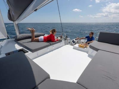 Cockpit of Clipper IV, a Fountaine Pajot Elba 45 catamaran at es Jonquet, Spain