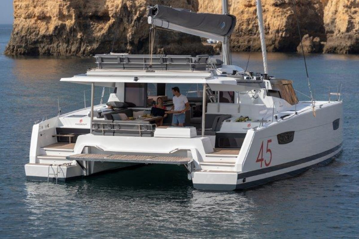 Exterior view of Clipper IV, a Fountaine Pajot Elba 45 catamaran at es Jonquet, Spain