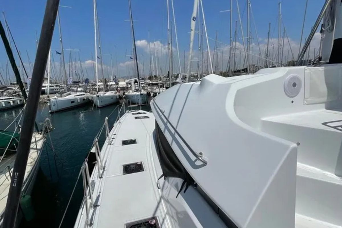 Deck of Silhouette, a Lagoon 50 catamaran at Athens, Greece