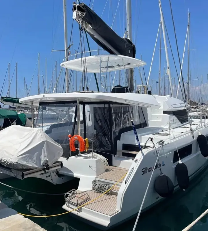Exterior view of Silhouette, a Lagoon 50 catamaran at Athens, Greece