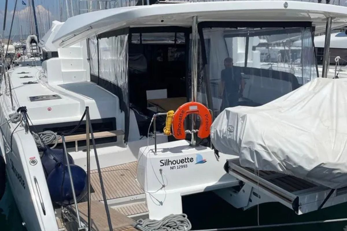 Exterior view of Silhouette, a Lagoon 50 catamaran at Athens, Greece