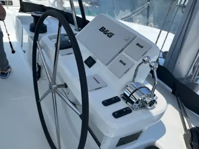 Cockpit of Silhouette, a Lagoon 50 catamaran at Athens, Greece