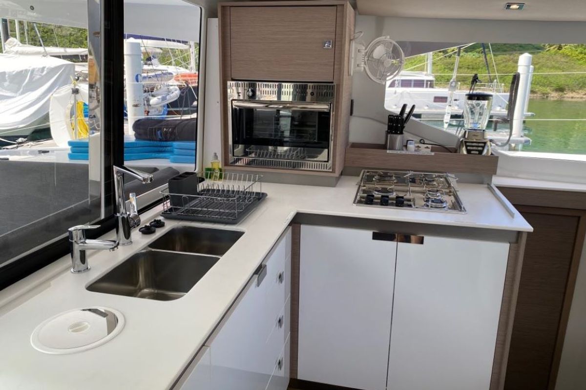 Galley of Firefly, a Fountaine Pajot Isla 40 catamaran at Road Town, British Virgin Islands