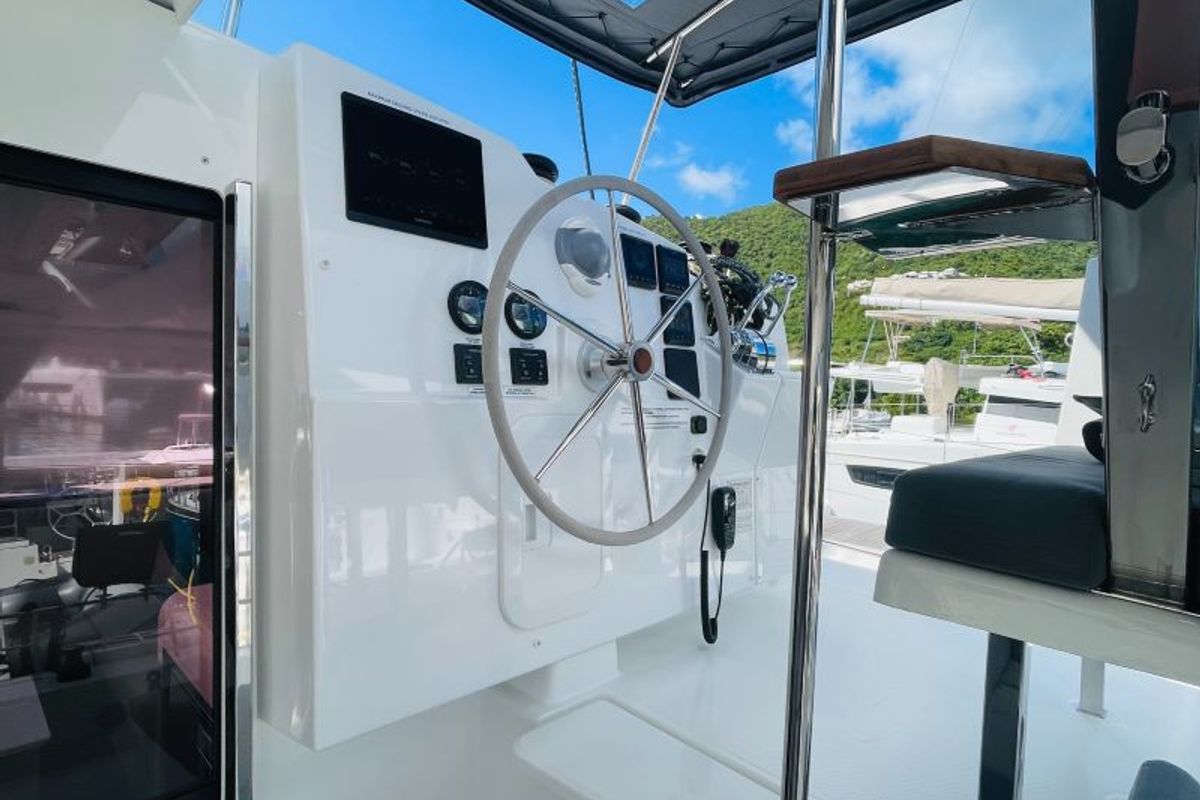 Cockpit of Firefly, a Fountaine Pajot Isla 40 catamaran at Road Town, British Virgin Islands