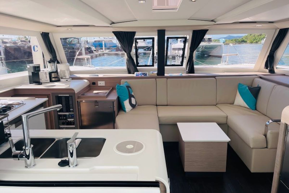 Salon of Firefly, a Fountaine Pajot Isla 40 catamaran at Road Town, British Virgin Islands