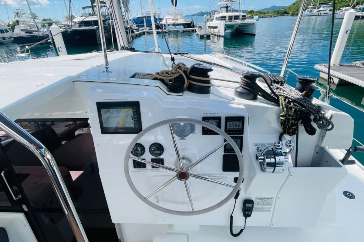 Cockpit of Firefly, a Fountaine Pajot Isla 40 catamaran at Road Town, British Virgin Islands