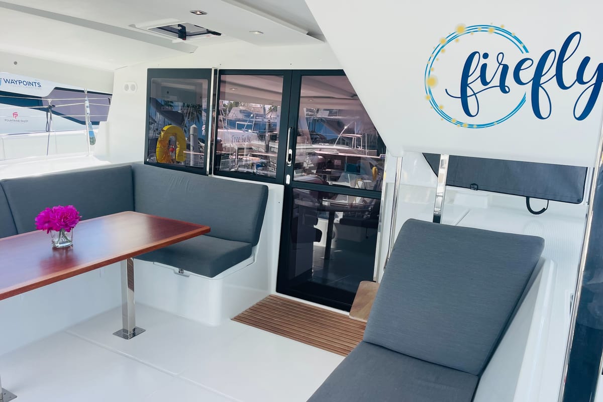 Deck of Firefly, a Fountaine Pajot Isla 40 catamaran at Road Town, British Virgin Islands