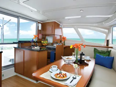 Salon of Moana, a Leopard 39 catamaran at Mai Khao, Thailand