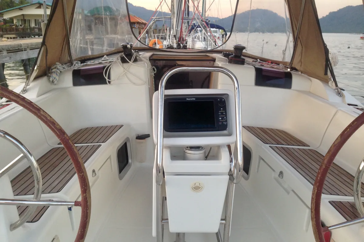 Cockpit of Malee, a Jeanneau Sun Odyssey 409 sailboat at Baan Salak Phet, Thailand