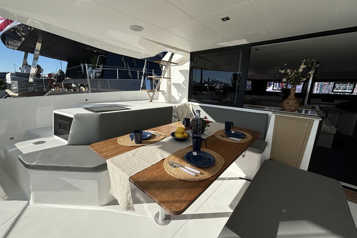 Deck of Siente El Mar, a Dufour 48 Catamaran catamaran at Ibiza, Spain