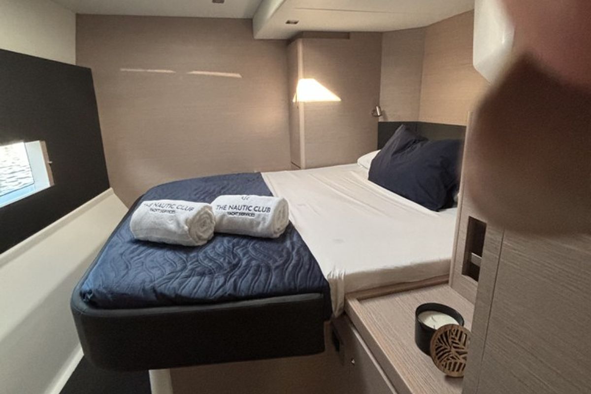 Cabin on Siente El Mar, a Dufour 48 Catamaran catamaran at Ibiza, Spain