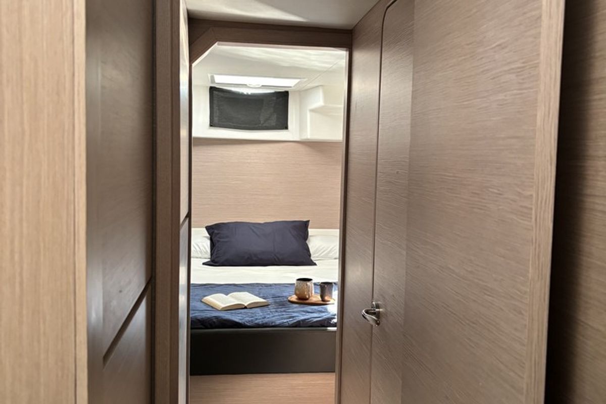 Cabin on Siente El Mar, a Dufour 48 Catamaran catamaran at Ibiza, Spain