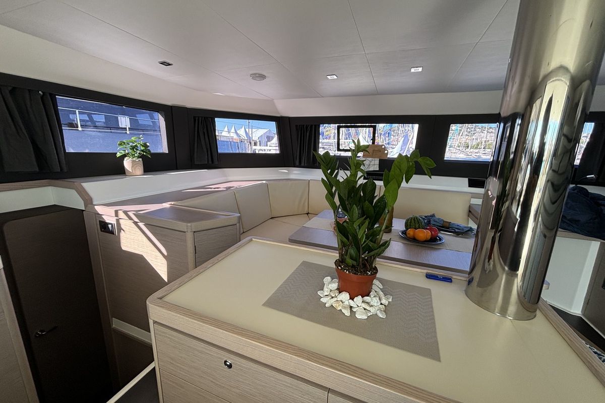 Salon of Siente El Mar, a Dufour 48 Catamaran catamaran at Ibiza, Spain