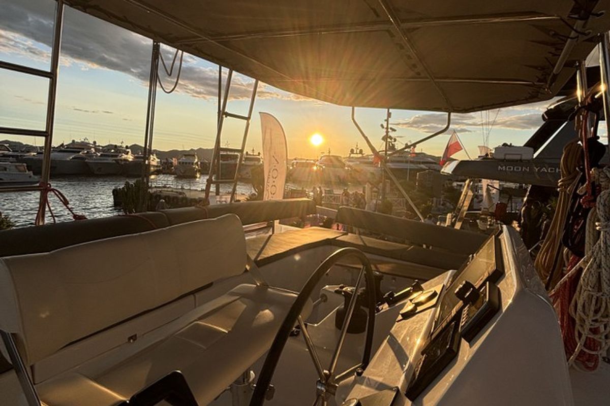 Cockpit of Siente El Mar, a Dufour 48 Catamaran catamaran at Ibiza, Spain