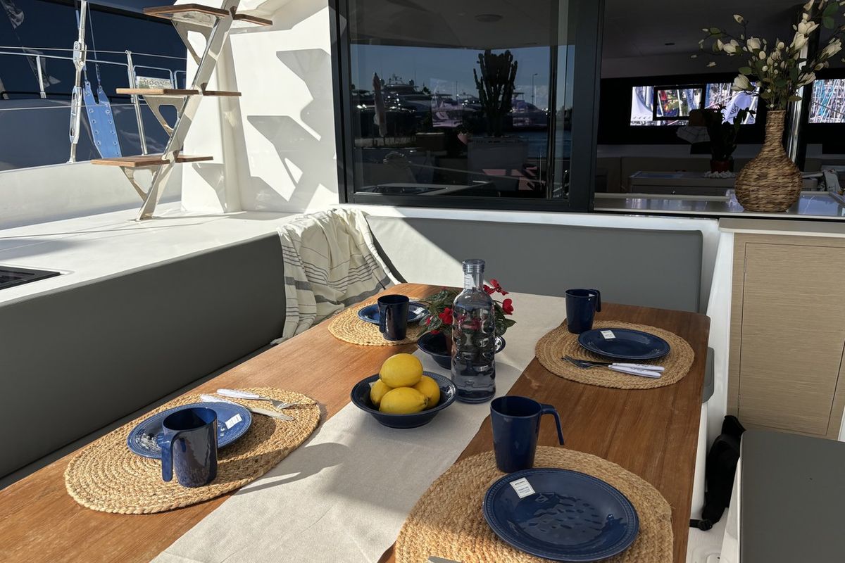 Deck of Siente El Mar, a Dufour 48 Catamaran catamaran at Ibiza, Spain