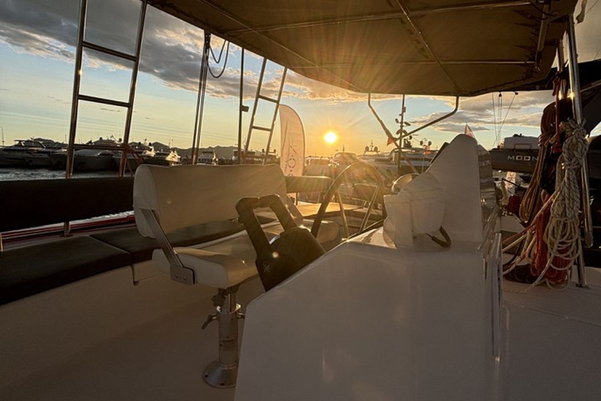 Cockpit of Siente El Mar, a Dufour 48 Catamaran catamaran at Ibiza, Spain