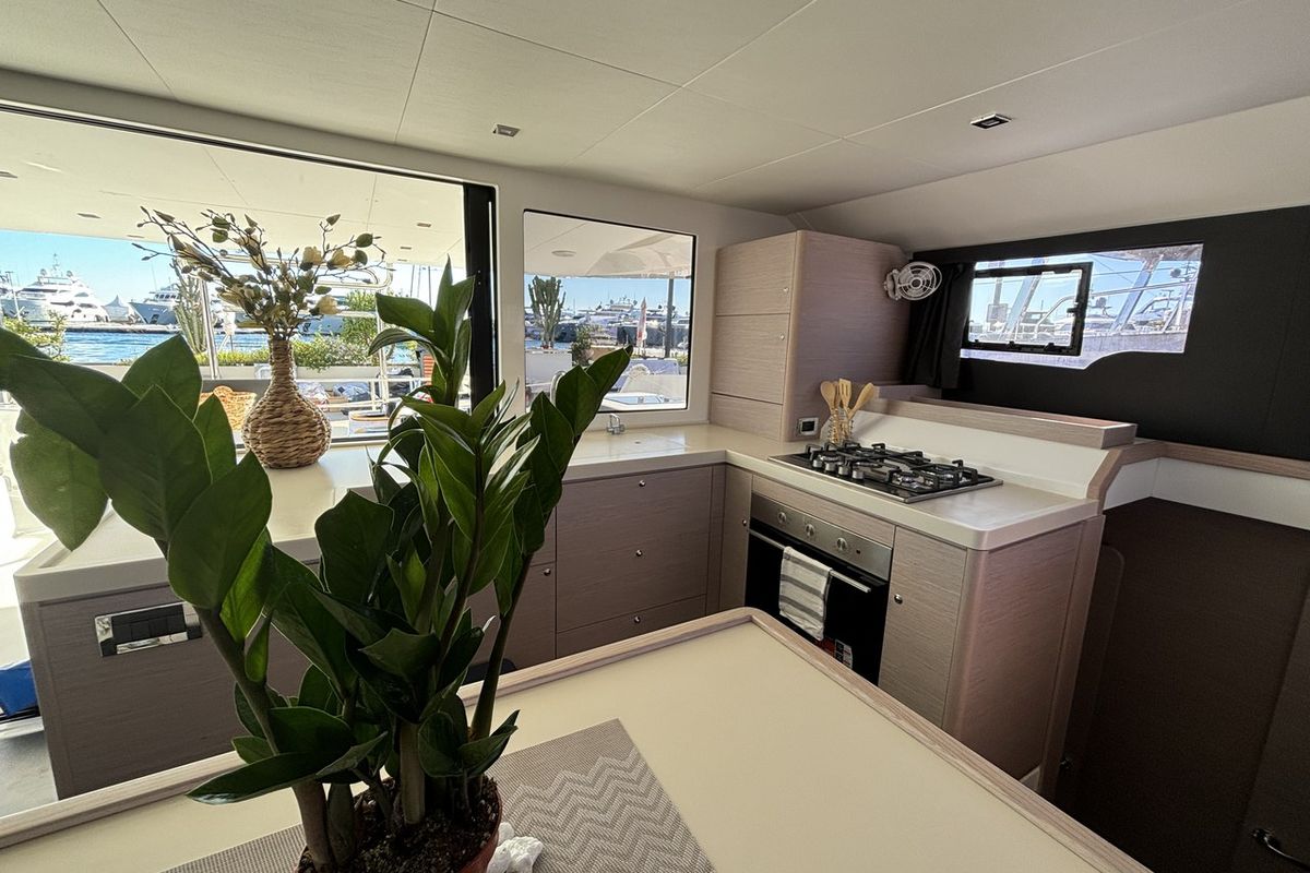 Galley of Siente El Mar, a Dufour 48 Catamaran catamaran at Ibiza, Spain
