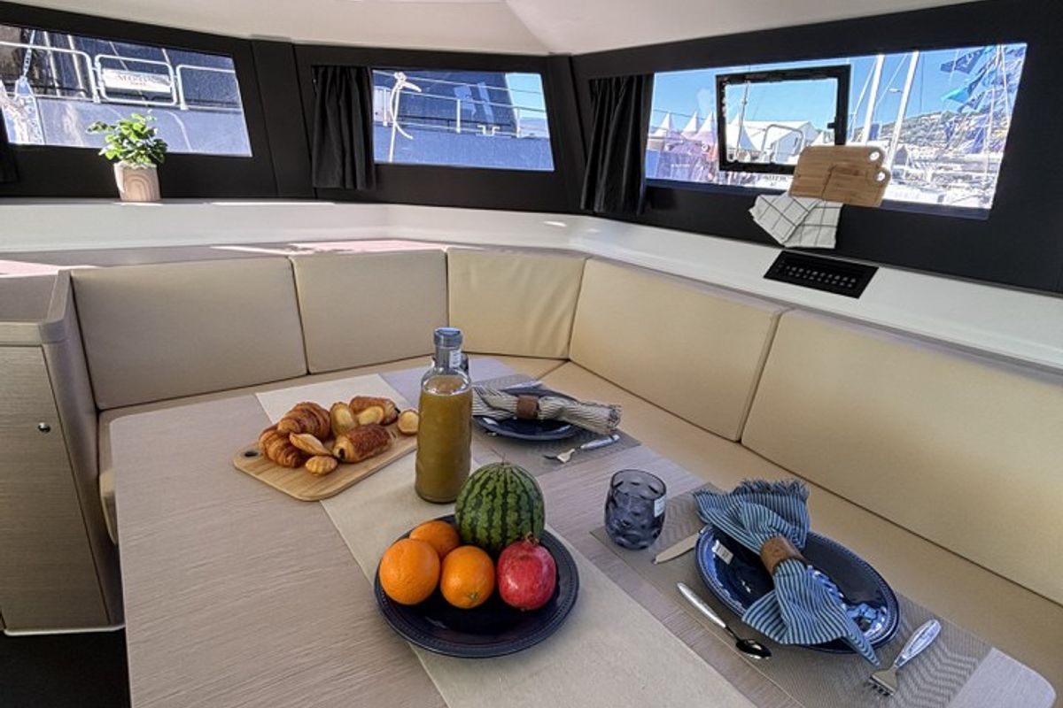 Salon of Siente El Mar, a Dufour 48 Catamaran catamaran at Ibiza, Spain