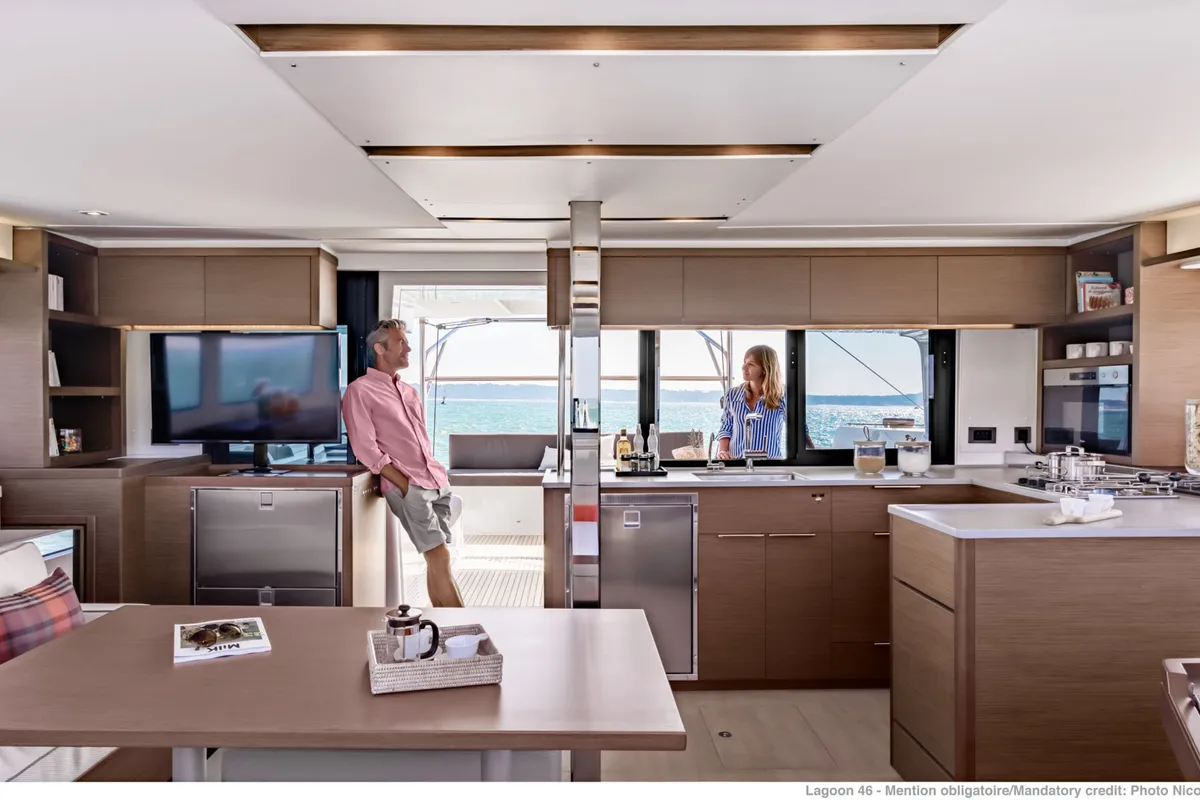 Exterior view of HERMES, a Lagoon 46 catamaran at Athens, Greece