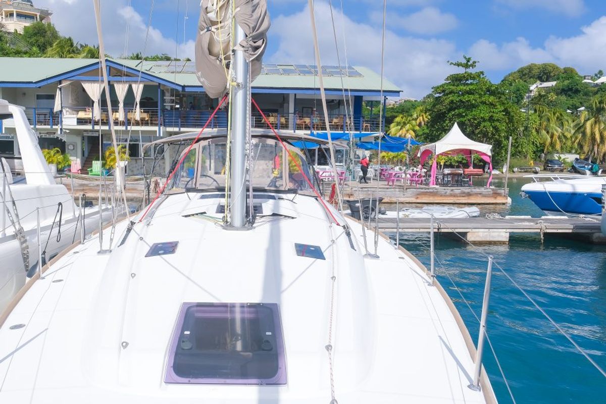 Calia, a Jeanneau Sun Odyssey 449 sailboat at Ribishi, Saint Vincent and the Grenadines