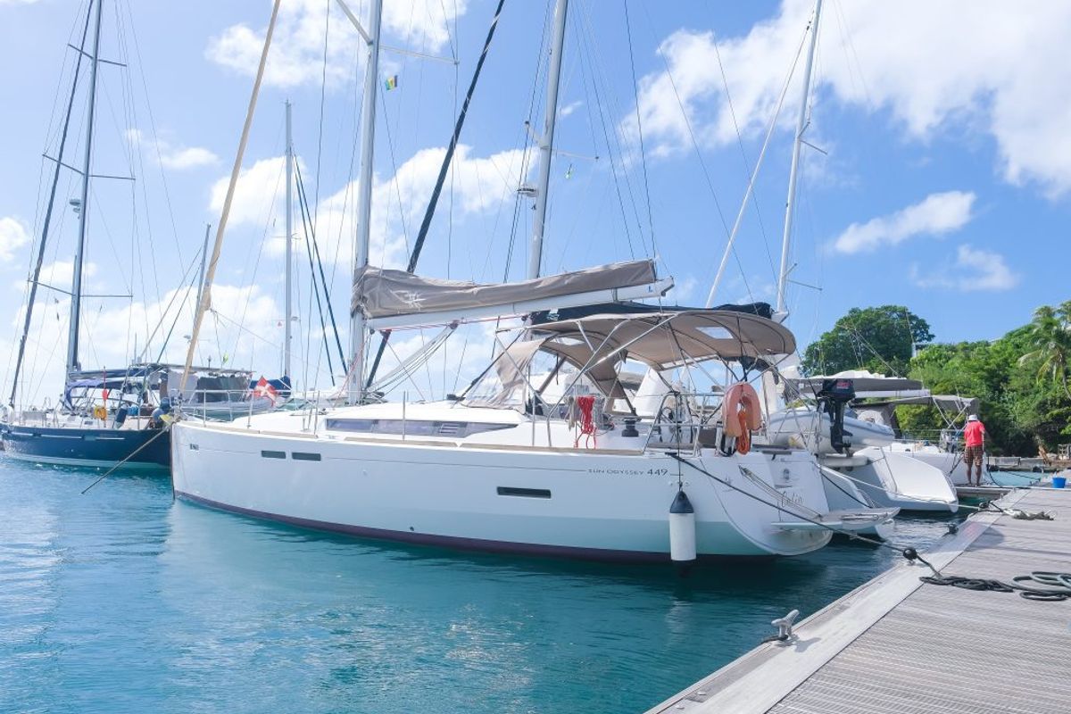 Calia, a Jeanneau Sun Odyssey 449 sailboat at Ribishi, Saint Vincent and the Grenadines