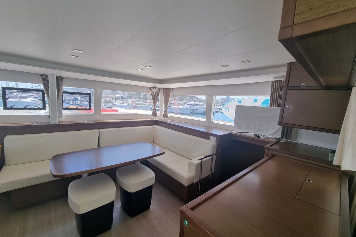 Salon of SoulMate, a Lagoon 450 F catamaran at Lavreotiki Municipal Unit, Greece