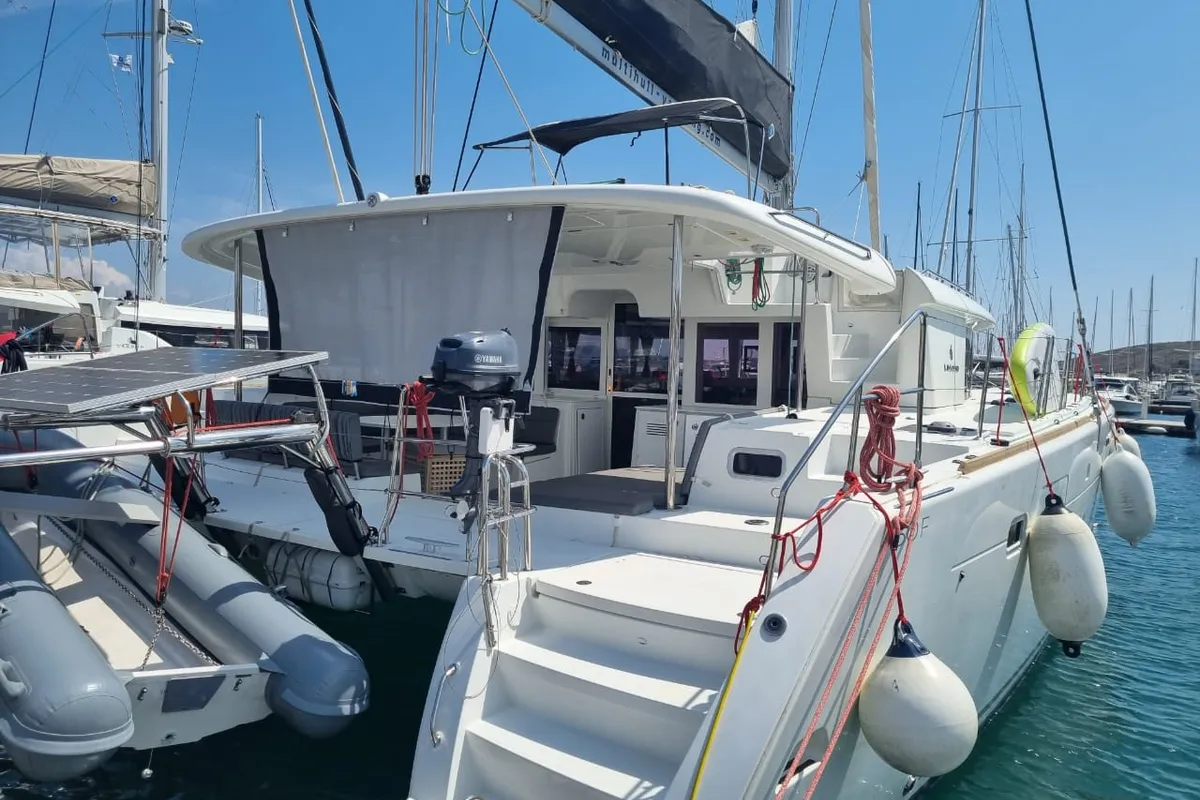 Exterior view of SoulMate, a Lagoon 450 F catamaran at Lavreotiki Municipal Unit, Greece