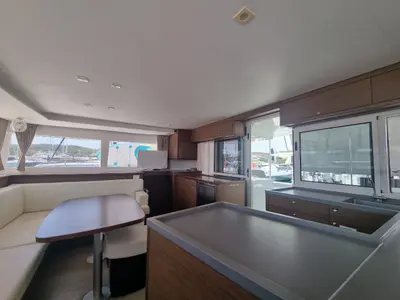 Salon of SoulMate, a Lagoon 450 F catamaran at Lavreotiki Municipal Unit, Greece