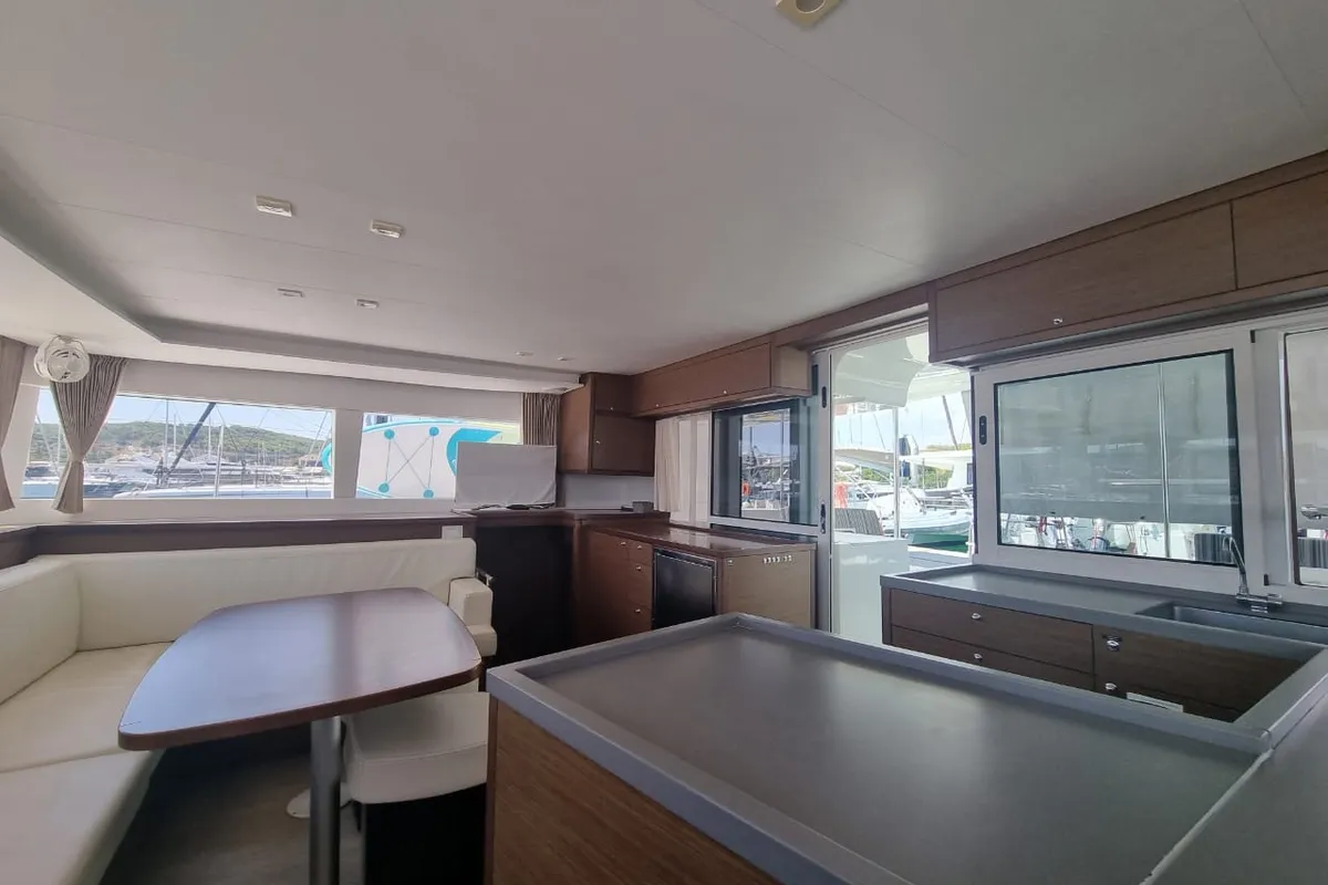 Salon of SoulMate, a Lagoon 450 F catamaran at Lavreotiki Municipal Unit, Greece