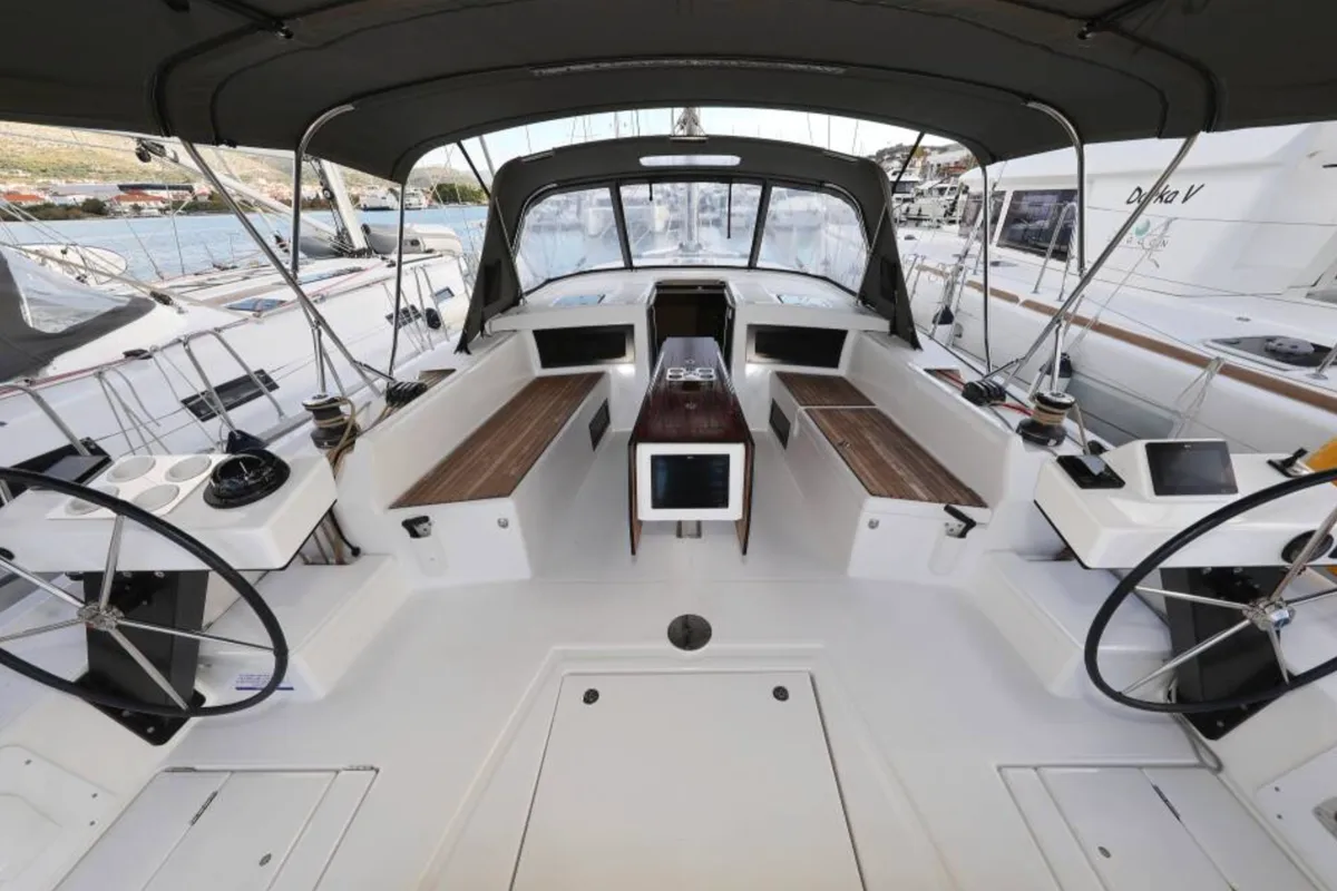 Cockpit of Luisa, a Dufour 470 sailboat at Seget Donji, Croatia