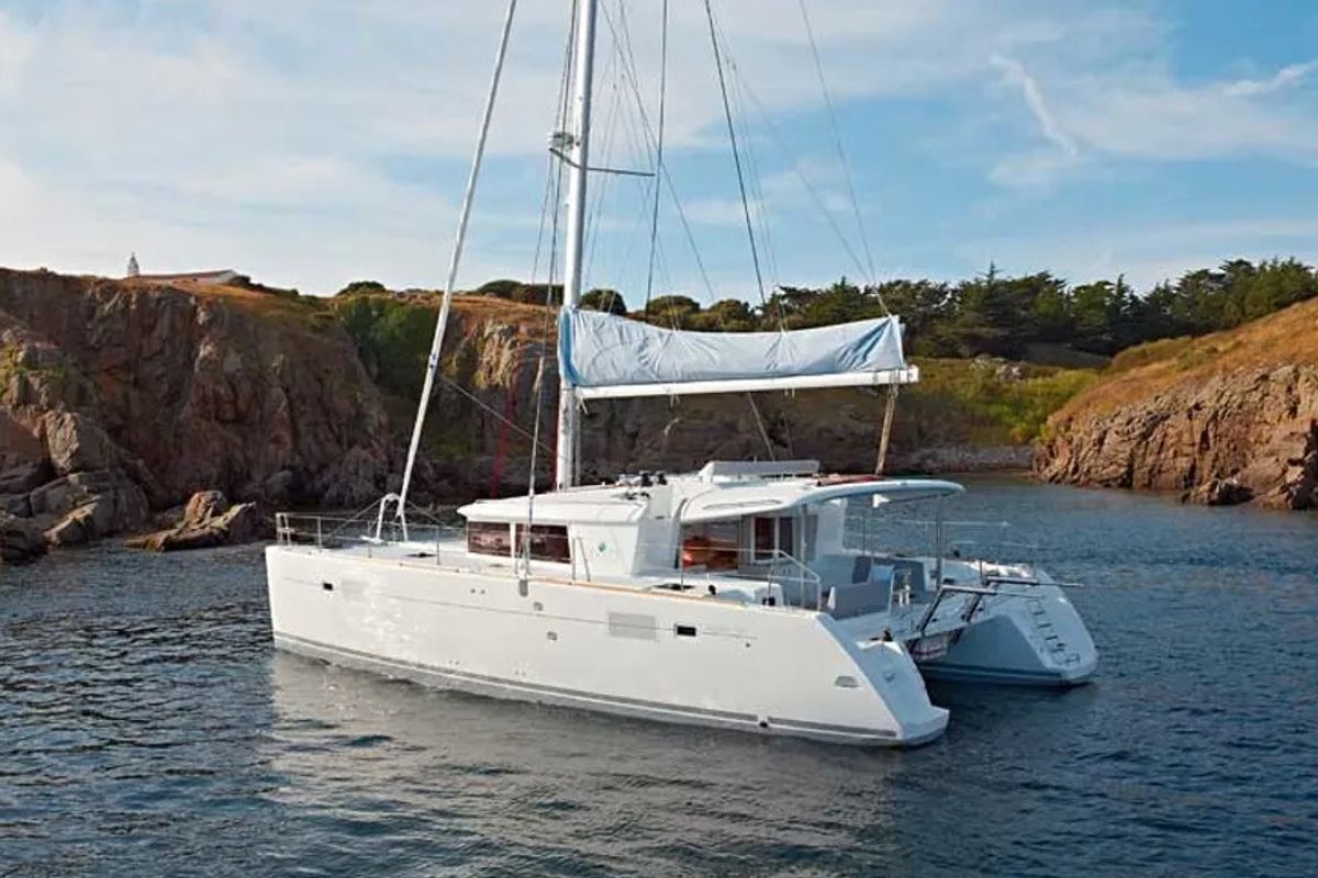 Exterior view of Islette, a Lagoon 450 Sport catamaran at Eden Island Marina, Seychelles