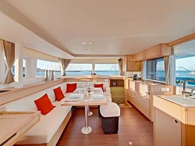 Salon of Islette, a Lagoon 450 Sport catamaran at Eden Island Marina, Seychelles