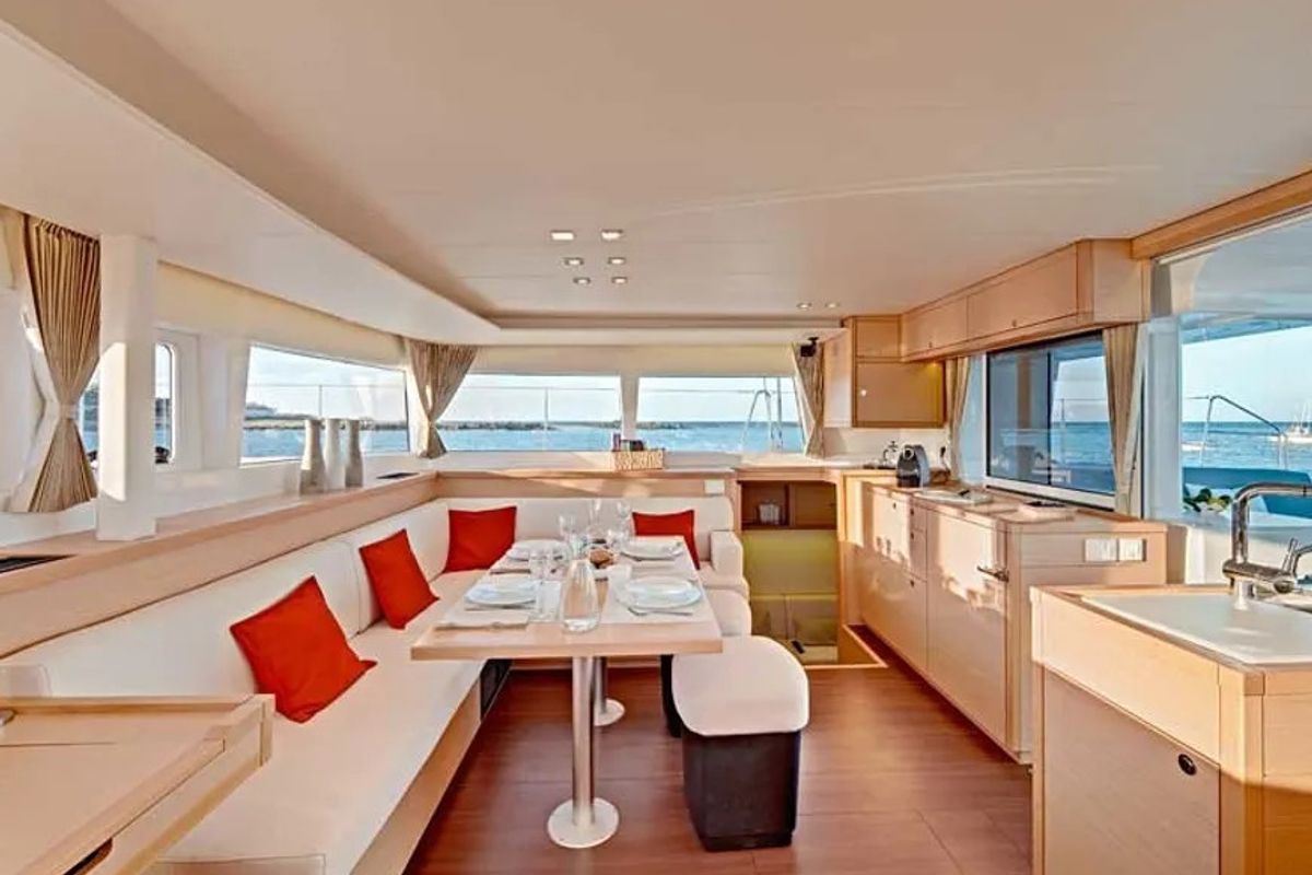 Salon of Islette, a Lagoon 450 Sport catamaran at Eden Island Marina, Seychelles