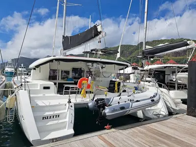 Exterior view of Islette, a Lagoon 450 Sport catamaran at Eden Island Marina, Seychelles