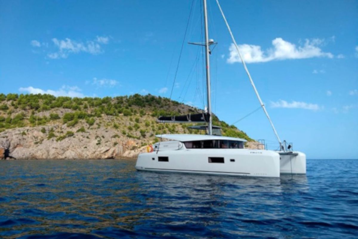 Exterior view of Side, a Lagoon 42 catamaran at Sant Antoni de Portmany, Spain