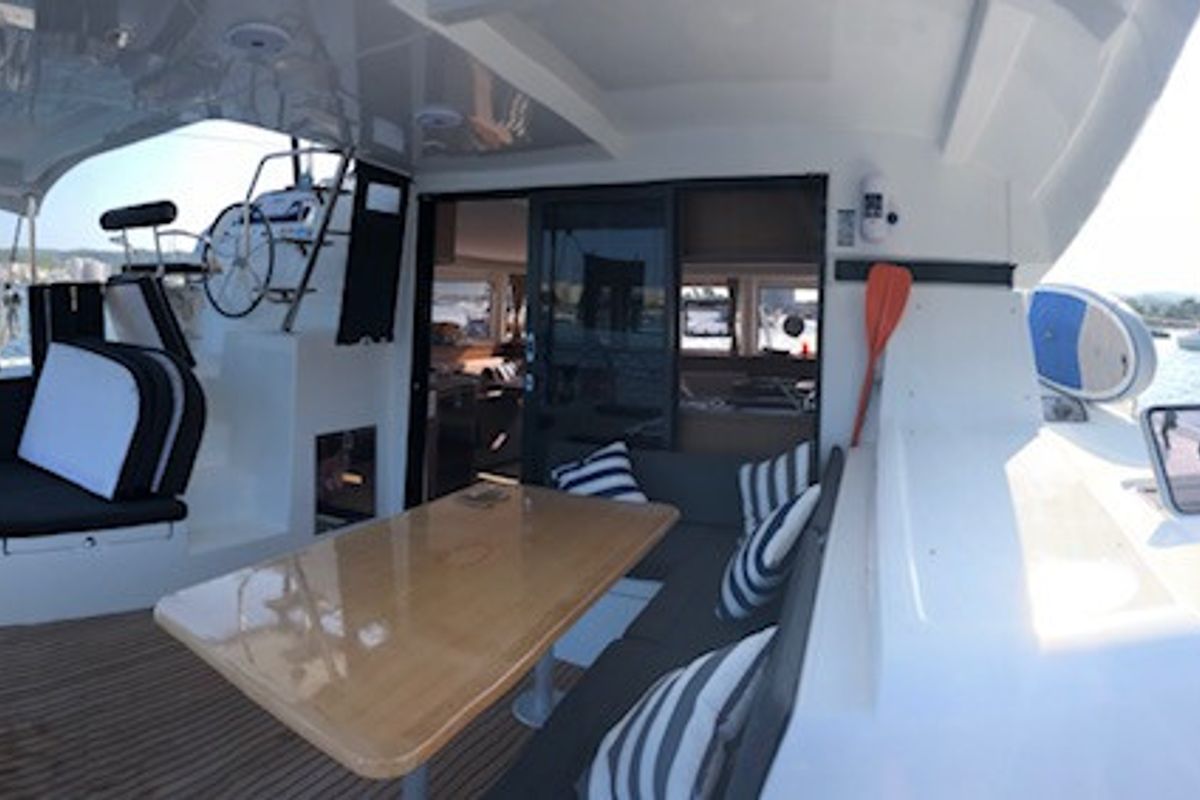 Deck of Side, a Lagoon 42 catamaran at Sant Antoni de Portmany, Spain
