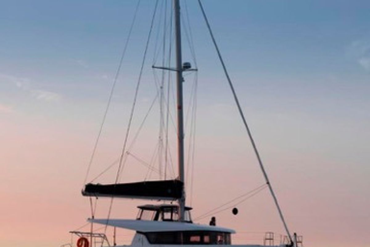 Exterior view of Side, a Lagoon 42 catamaran at Sant Antoni de Portmany, Spain