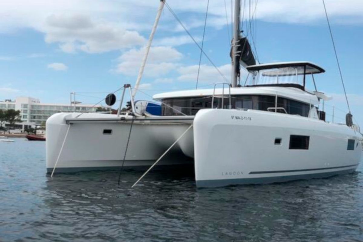 Exterior view of Side, a Lagoon 42 catamaran at Sant Antoni de Portmany, Spain