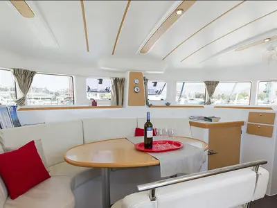 Salon of Bellevue, a Lagoon 380 S2 catamaran at Lavreotiki Municipal Unit, Greece
