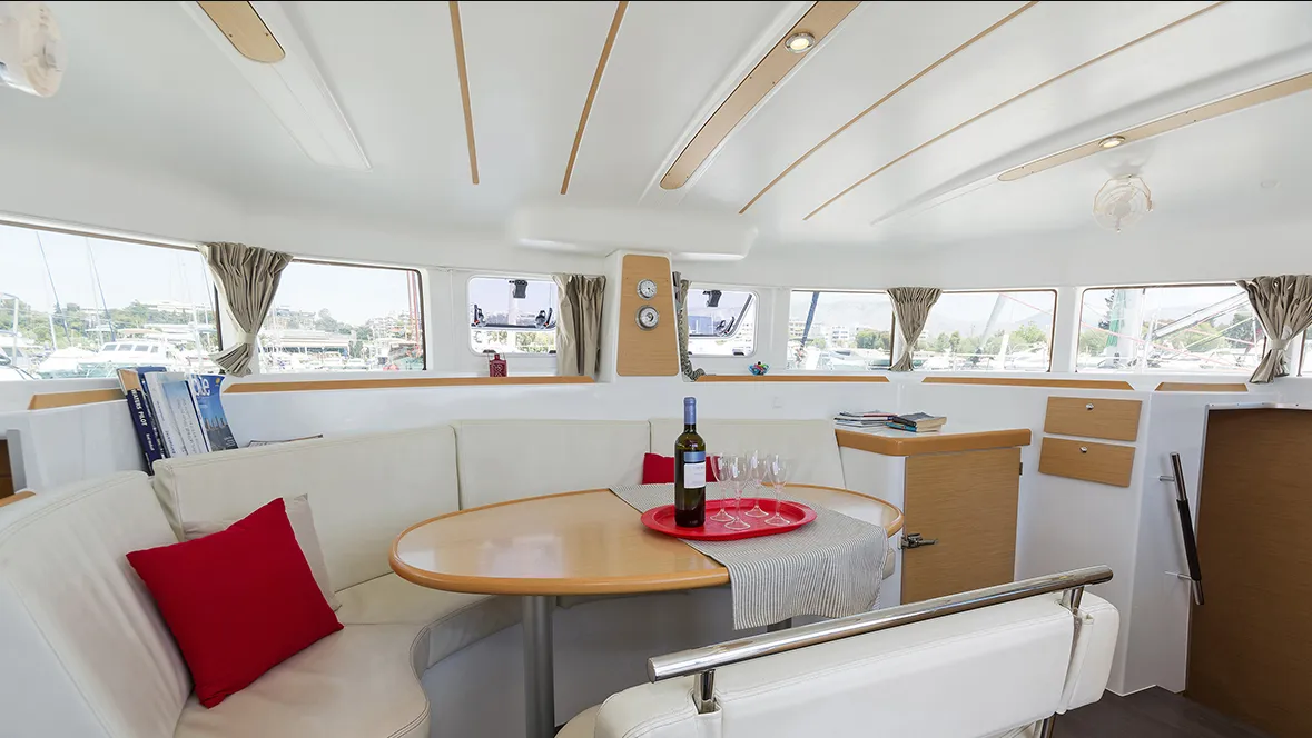 Salon of Bellevue, a Lagoon 380 S2 catamaran at Lavreotiki Municipal Unit, Greece