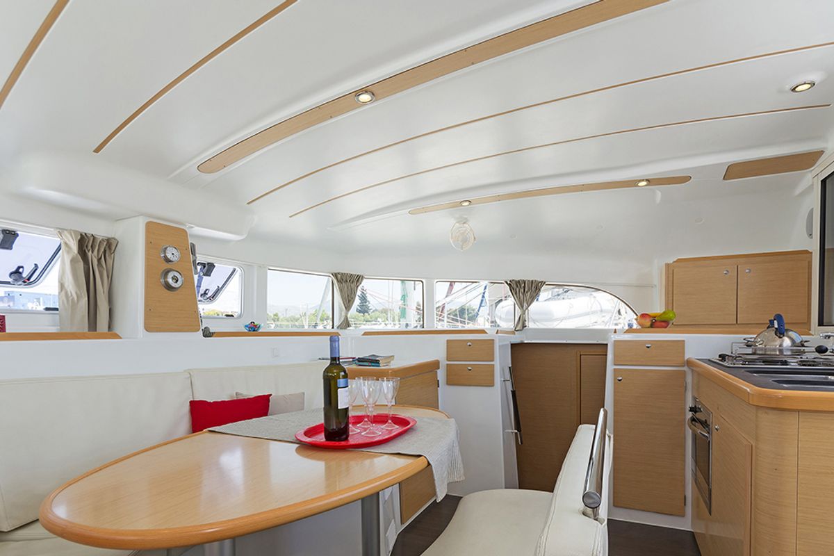 Salon of Bellevue, a Lagoon 380 S2 catamaran at Lavreotiki Municipal Unit, Greece